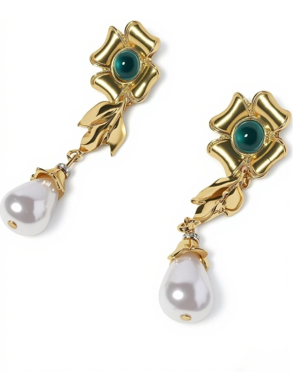 Vintage Gold Flower Pearl Drop Earrings with Green Gemstone for Women, Boho Chic